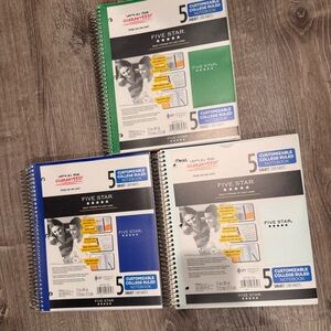 Five Star Notebooks in Green, Blue, and White